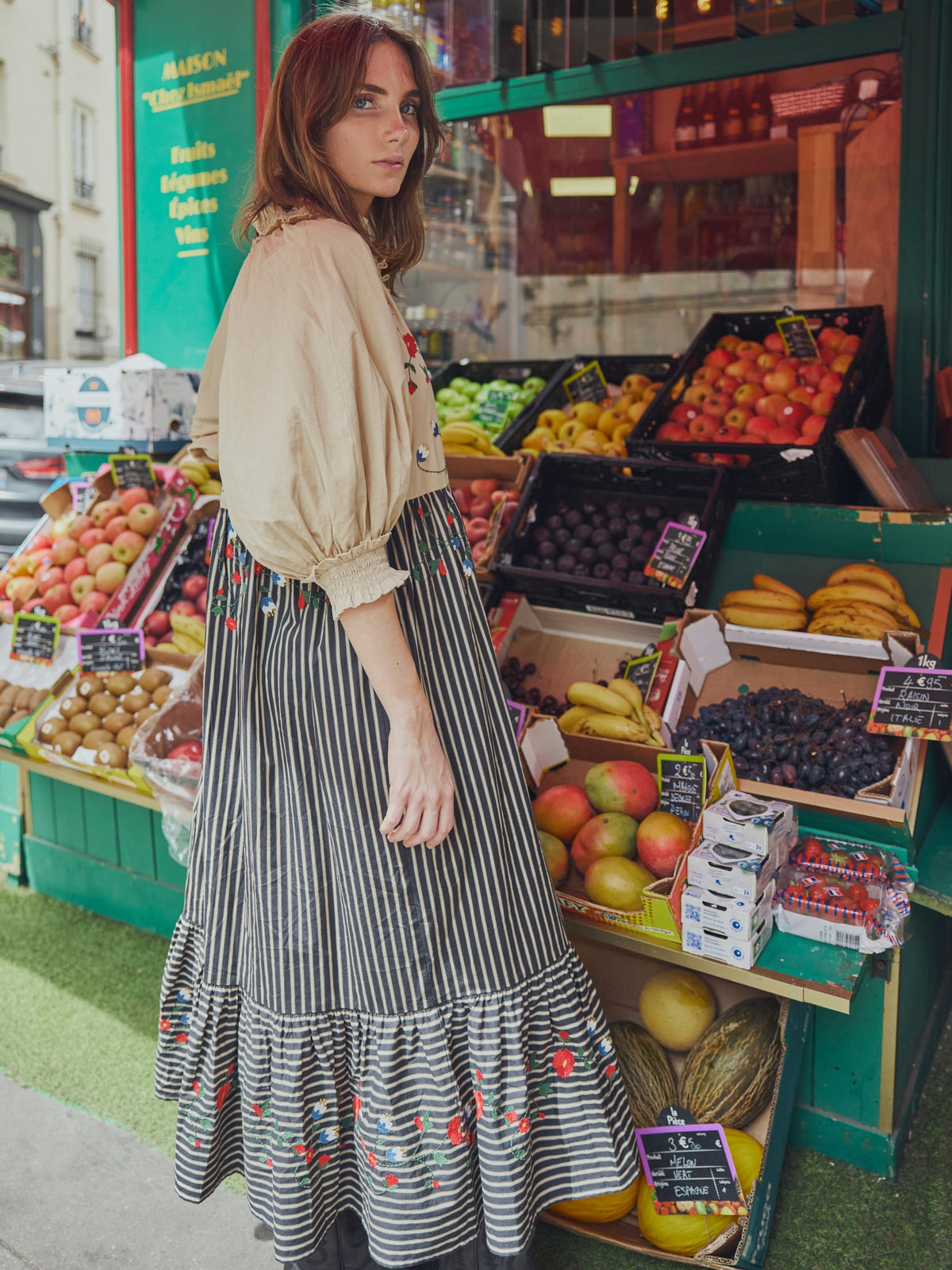 Eliza Embroidered Maxi Dress in Black & Khaki Stripe