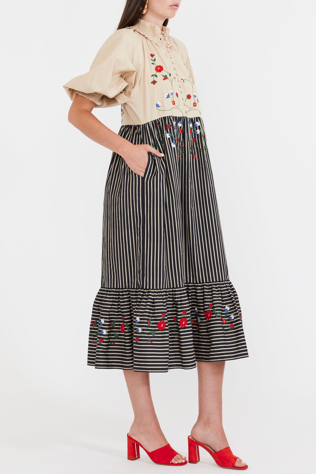 Eliza Embroidered Maxi Dress in Black & Khaki Stripe