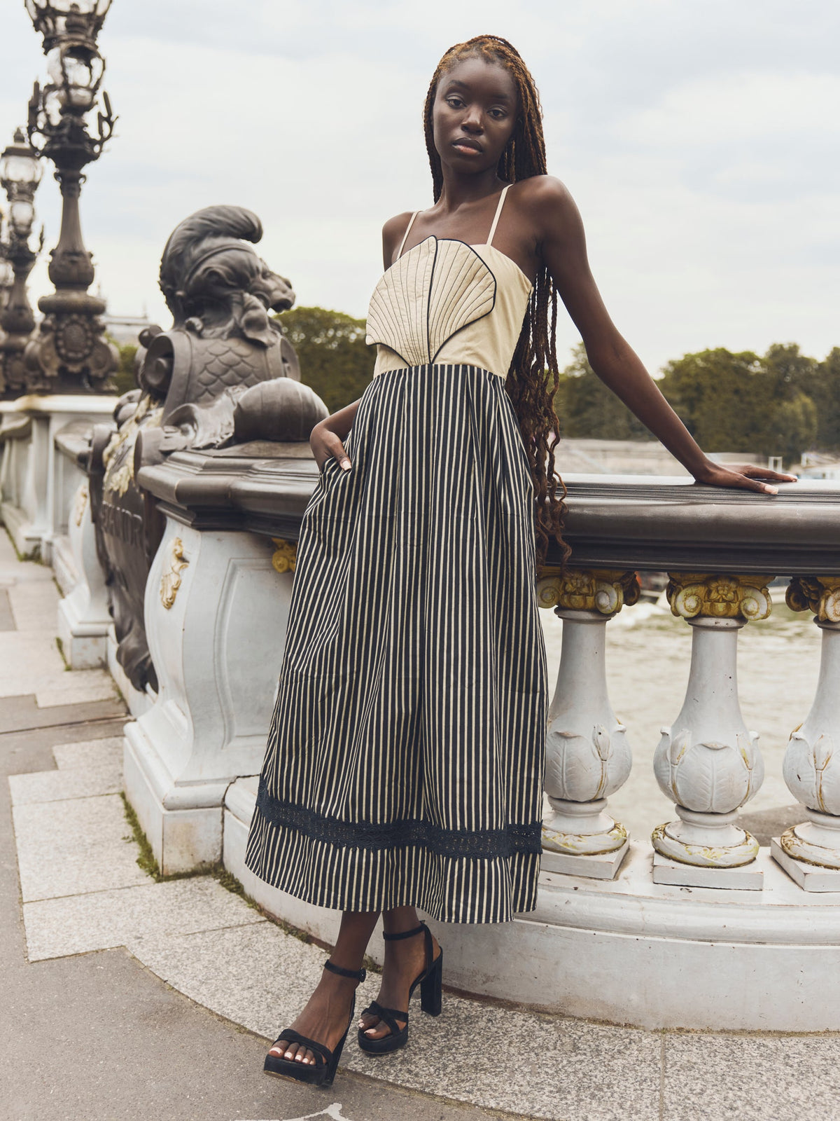 Hart Midi Dress in Black Khaki Stripe