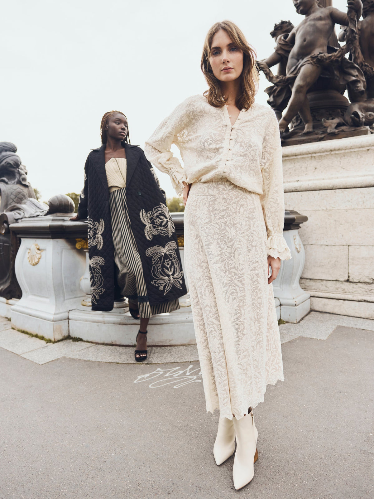 Carly Midi Skirt in Ivory Crochet Lace