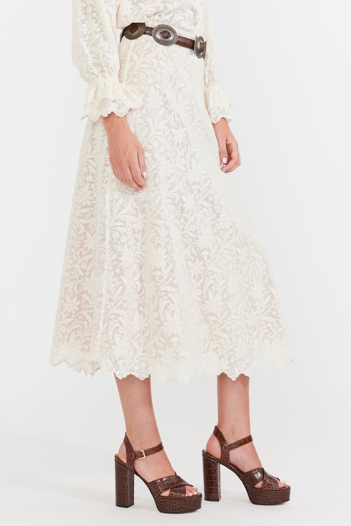 Carly Midi Skirt in Ivory Crochet Lace