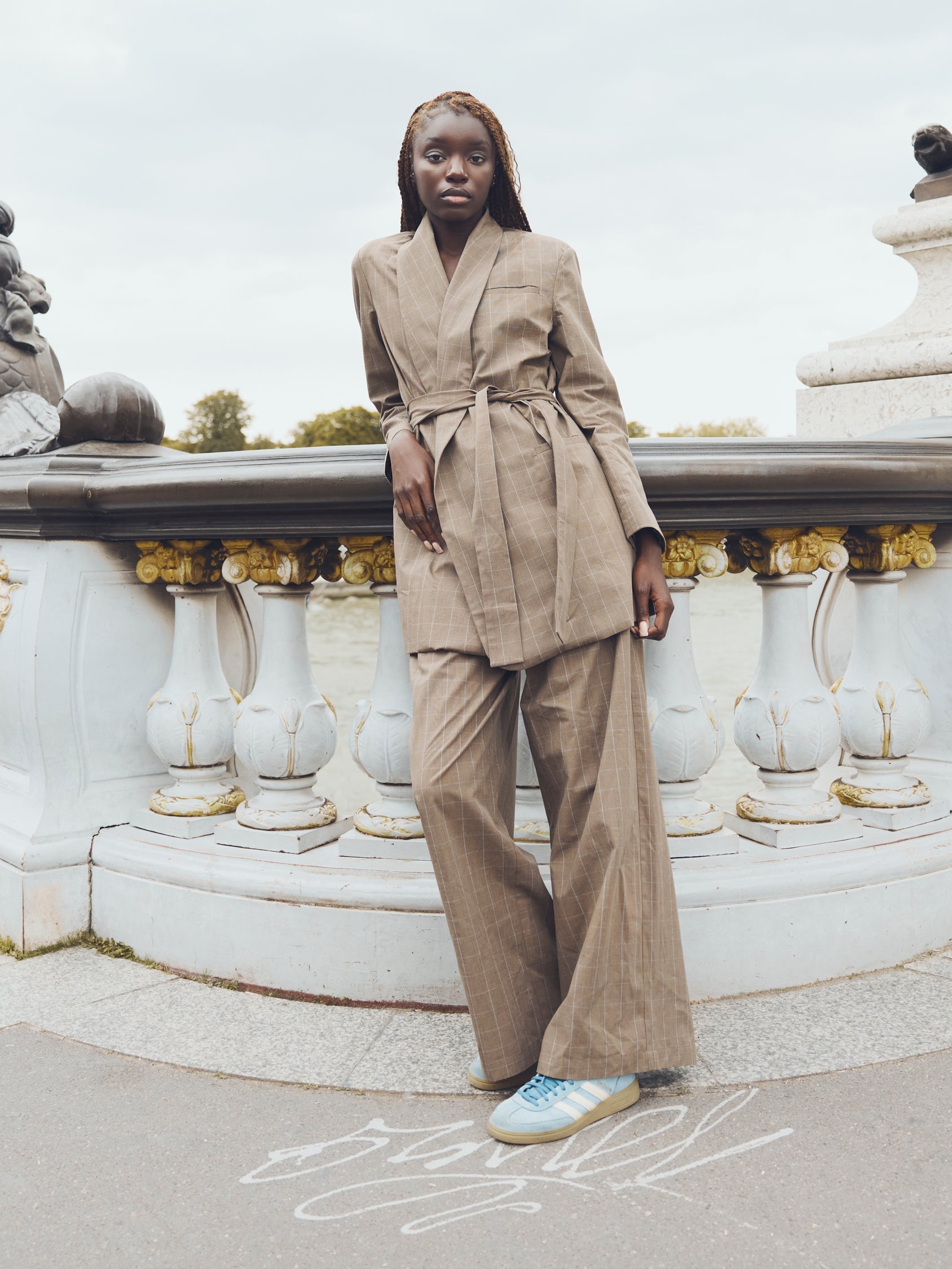 Blazer With Waist Tie in Coco Check With Baby Blue Pinstripe