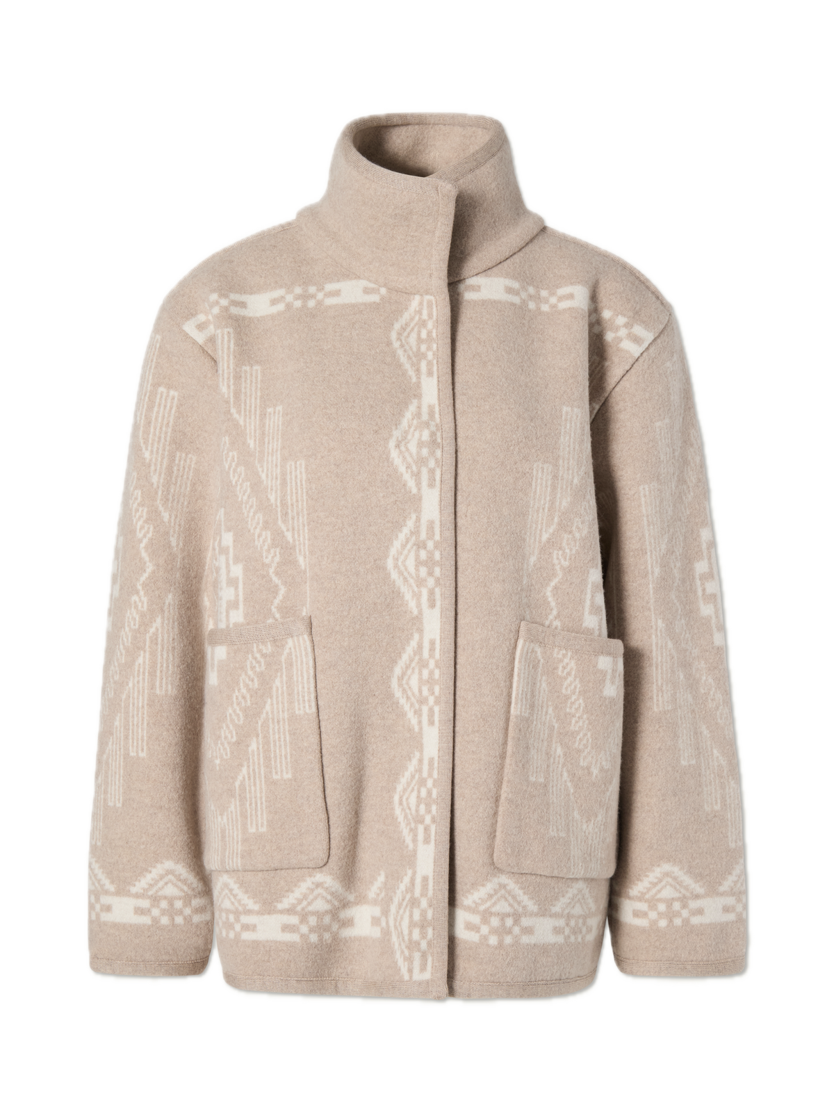 Front view of Pioneer Jacket in Beige showcasing its jacquard pattern and front pockets against a black background