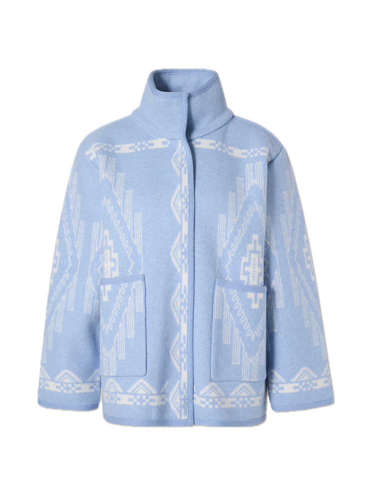 Front view of light blue Pioneer Jacket with jacquard pattern, snap closure and patch pockets, isolated