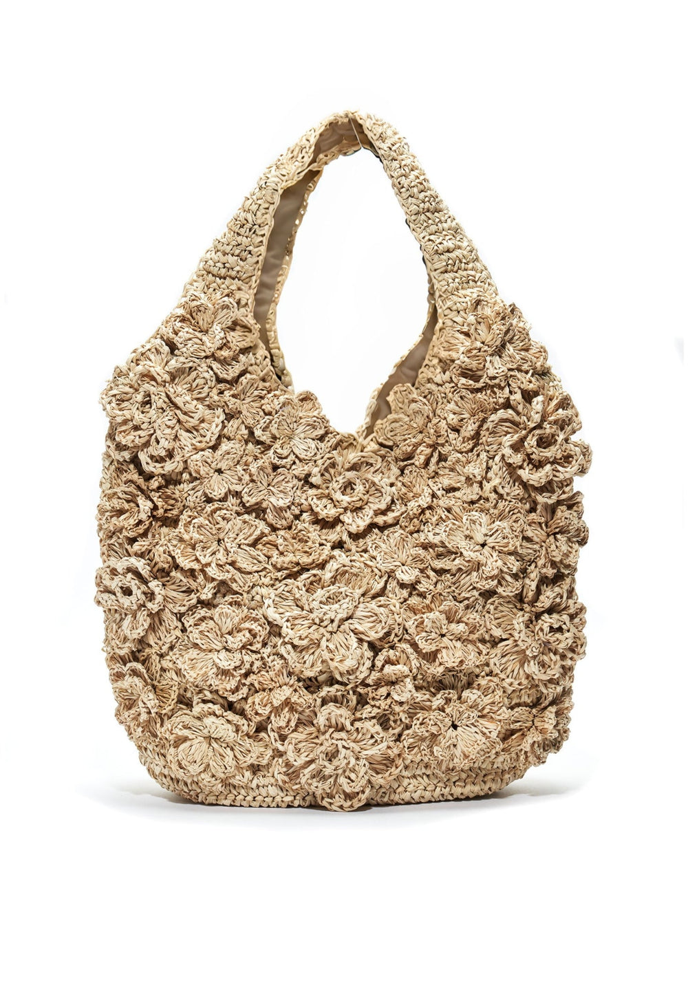 Front view of the Pampelonne in Natural raffia tote showcasing handmade raffia flowers throughout on a white background