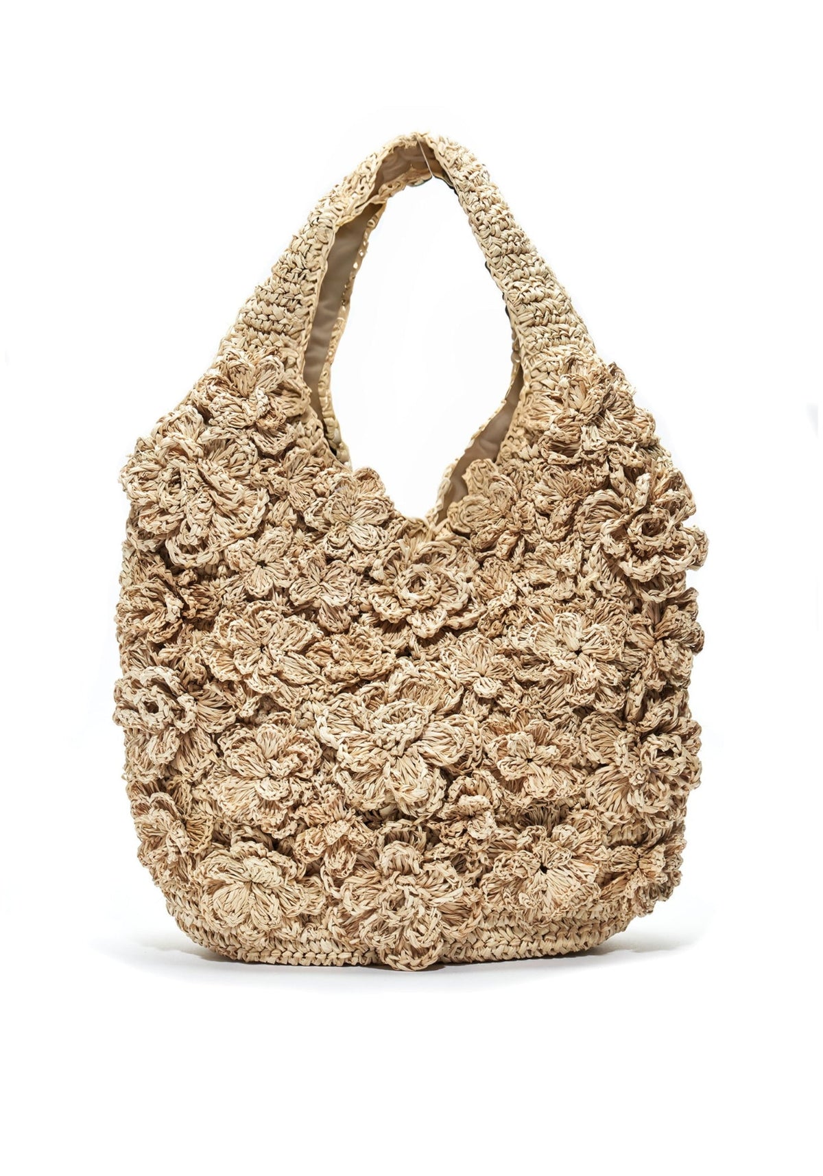 Front view of the Pampelonne in Natural raffia tote showcasing handmade raffia flowers throughout on a white background