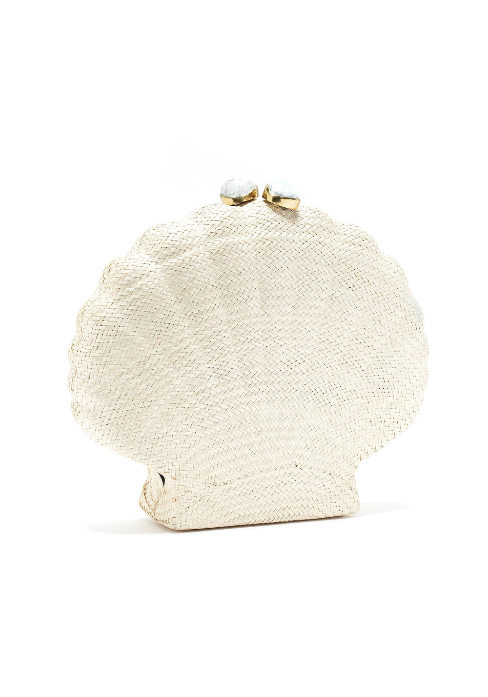 Back view of Le Sirenuse clutch showcasing natural woven buntal texture and white stone clasp on white background