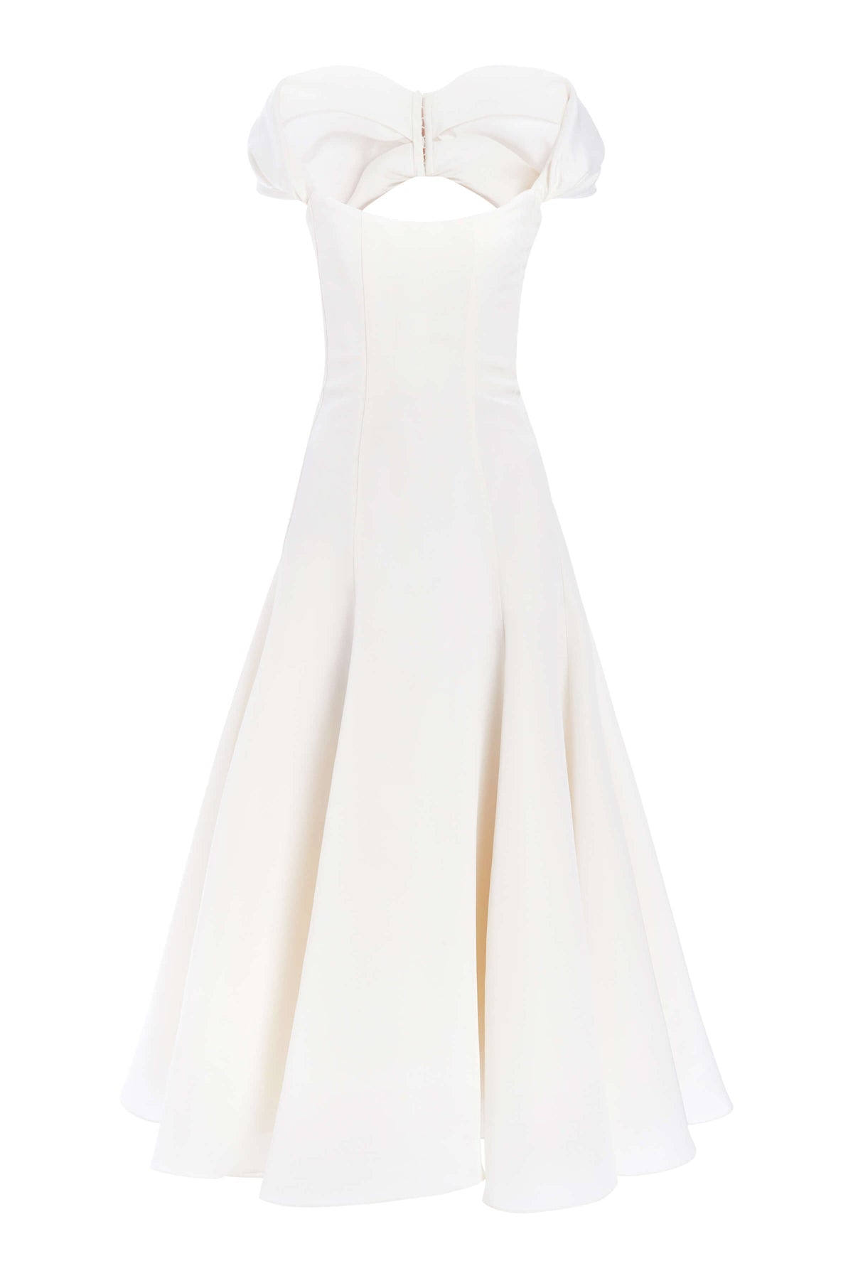 Front view of Portia Off White Midi Dress showcasing off the shoulder detail and drop waist on white background