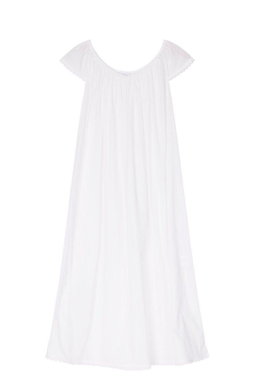 Long Cotton Nightgown with Flower Trim in White