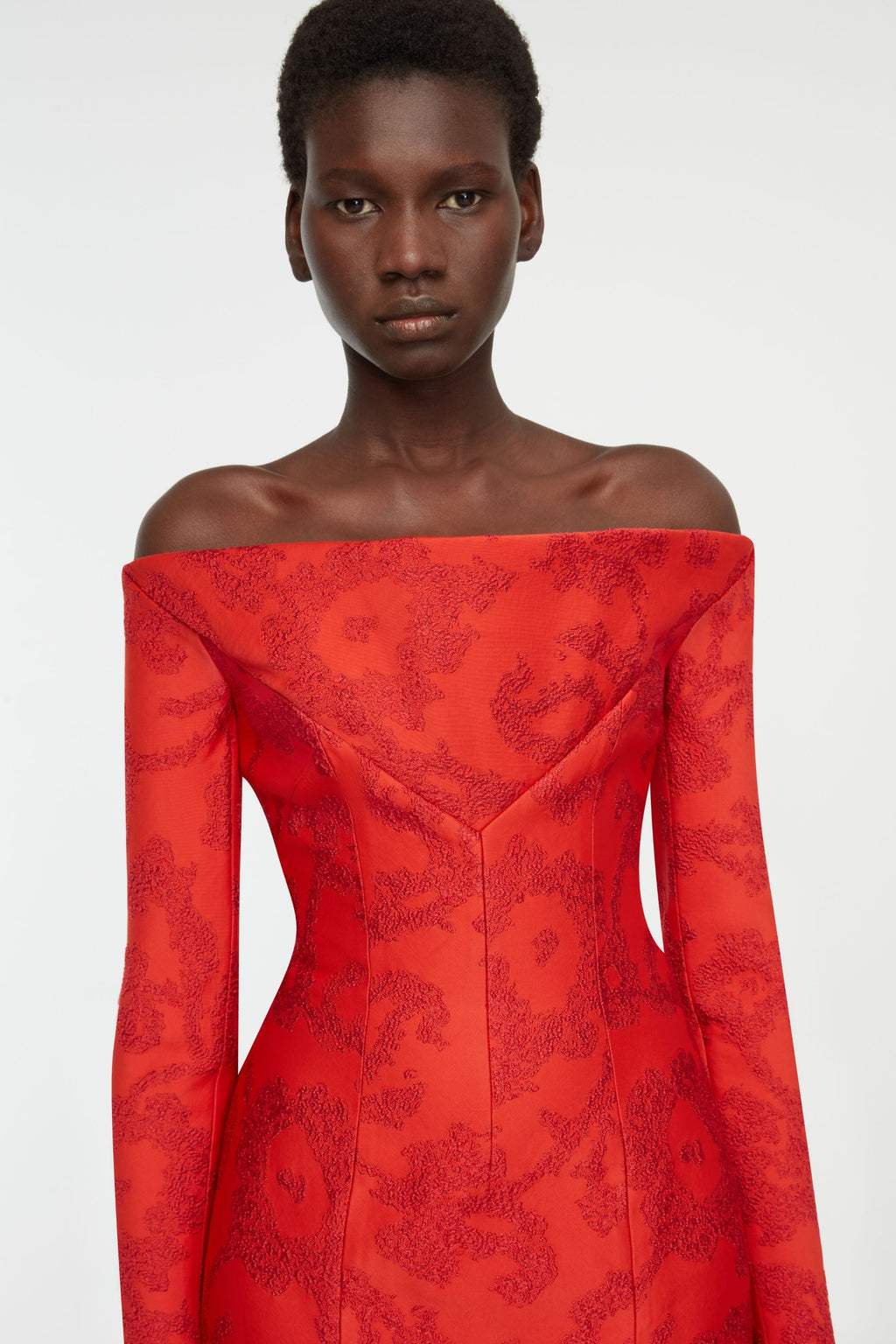 Zarith Dress In Red Boucle Floral- Front detail shot