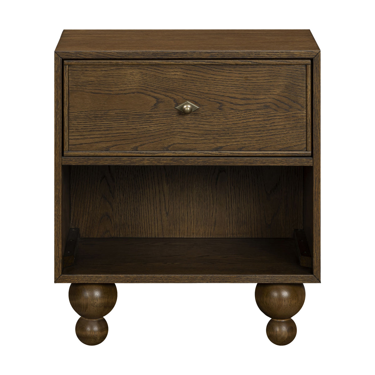 Front view of Astre assembled nightstand by Nate Berkus in Toffee showcasing a drawer, open shelf, and rounded feet against a white background