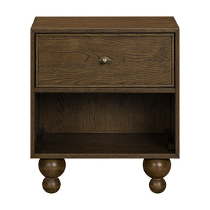 Front view of Astre assembled nightstand by Nate Berkus in Toffee showcasing a drawer, open shelf, and rounded feet against a white background