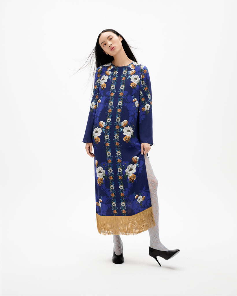 seraphina midi dress Seraphina Floral Maye Smocked Midi Dress WHITE-BLUE-MUL / L by Sugarlips