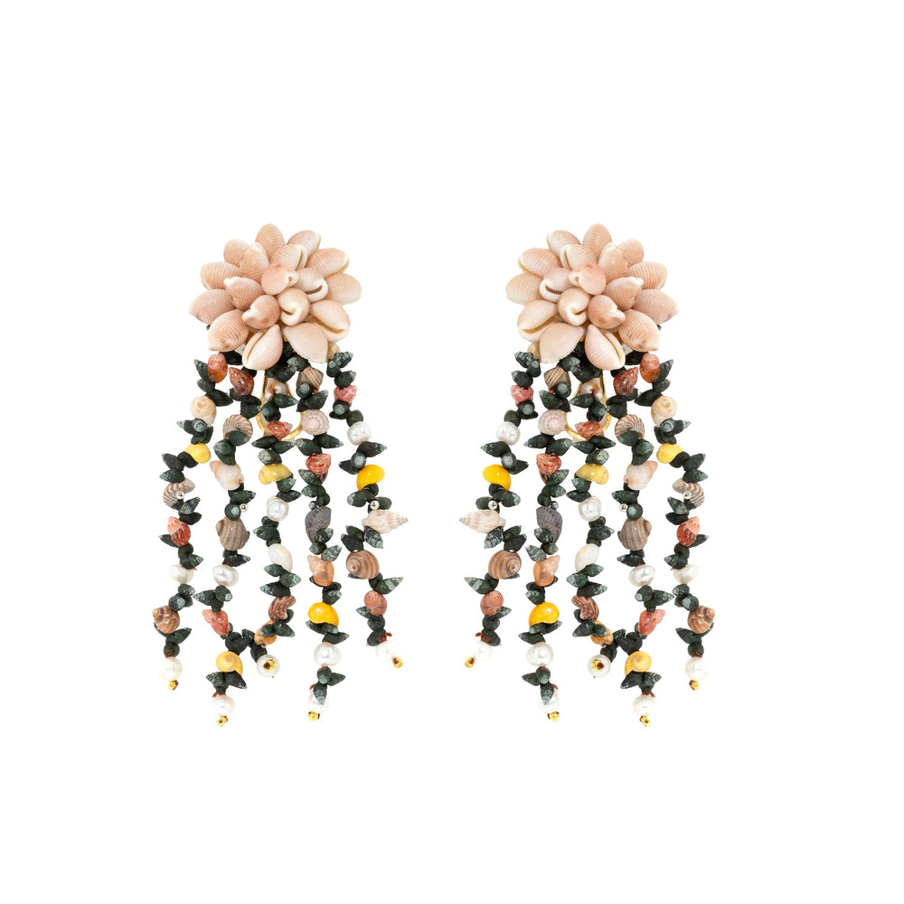 Front view of Moraimas Short earrings with shell flower tops and cascading beaded strands with freshwater pearls