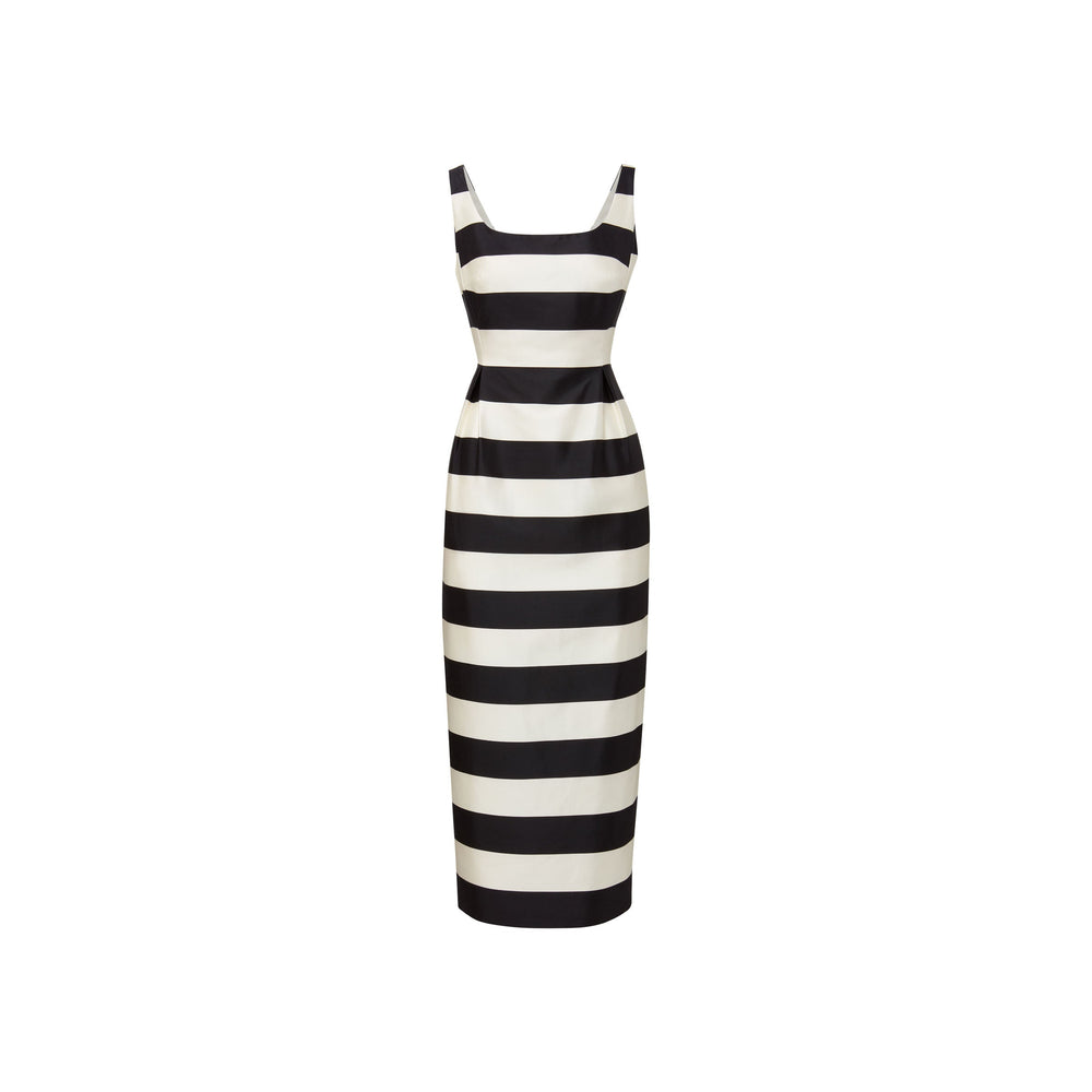 Front view of Kendall Dress in High Line Stripe showcasing black-and-white horizontal stripes and fitted waist on white background