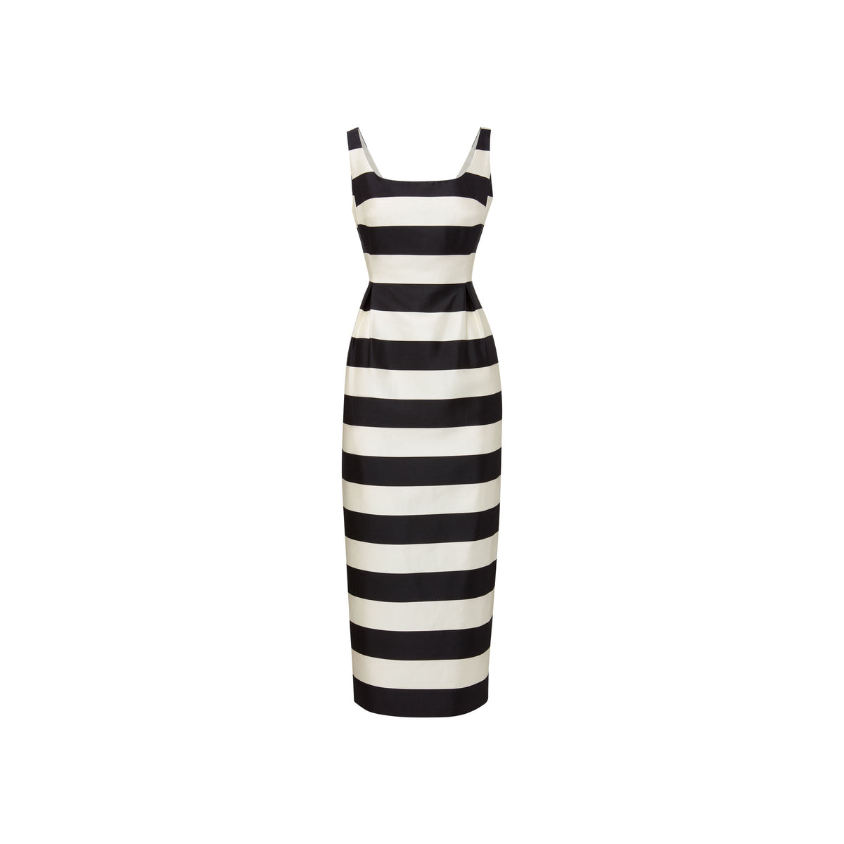 Front view of Kendall Dress in High Line Stripe showcasing black-and-white horizontal stripes and fitted waist on white background