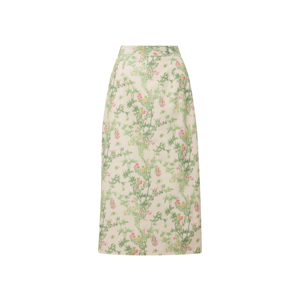 Front view of MAE x Scalamandré Sienna Skirt in Jardin De Chine with sleek pencil silhouette and floral print on white