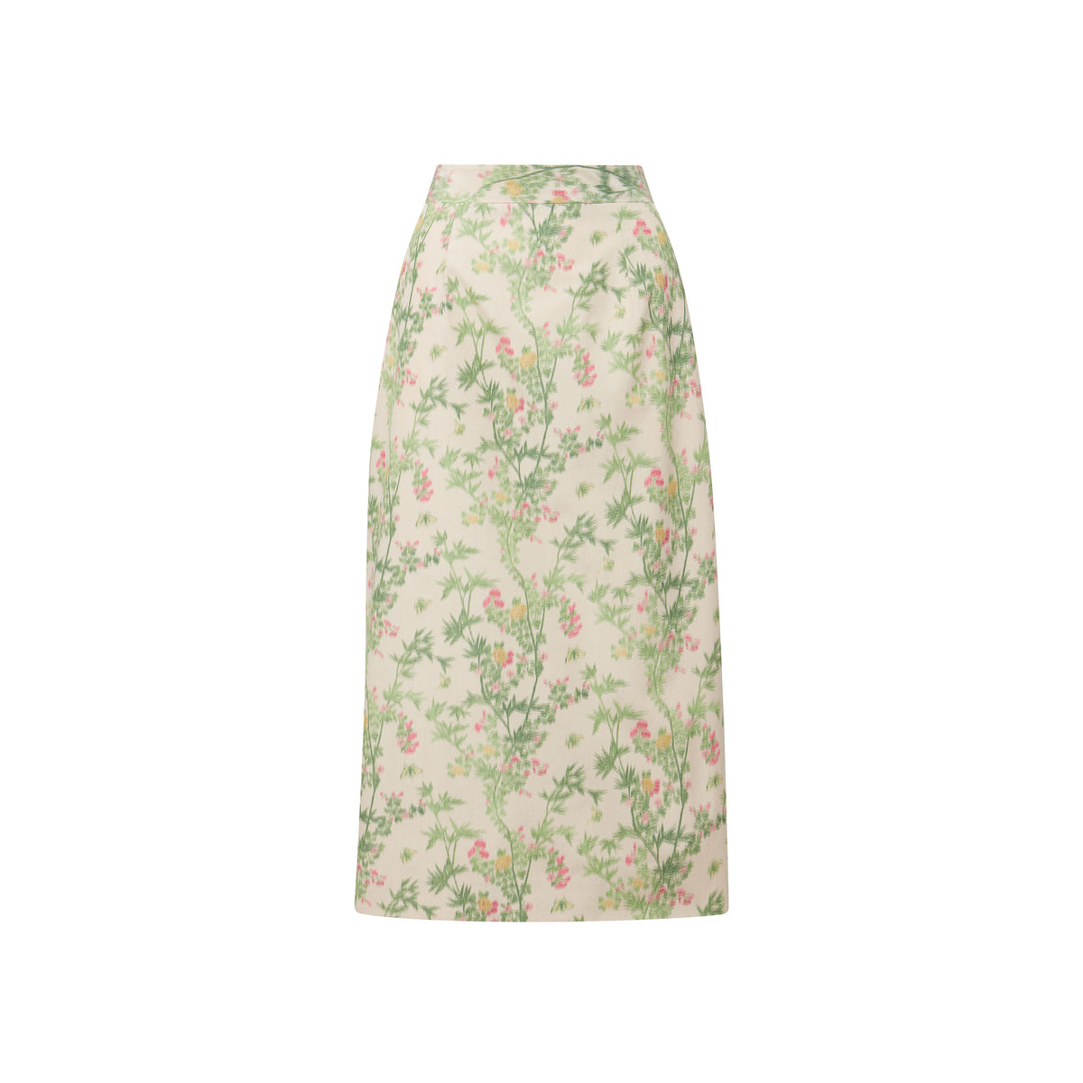 Front view of MAE x Scalamandré Sienna Skirt in Jardin De Chine with sleek pencil silhouette and floral print on white