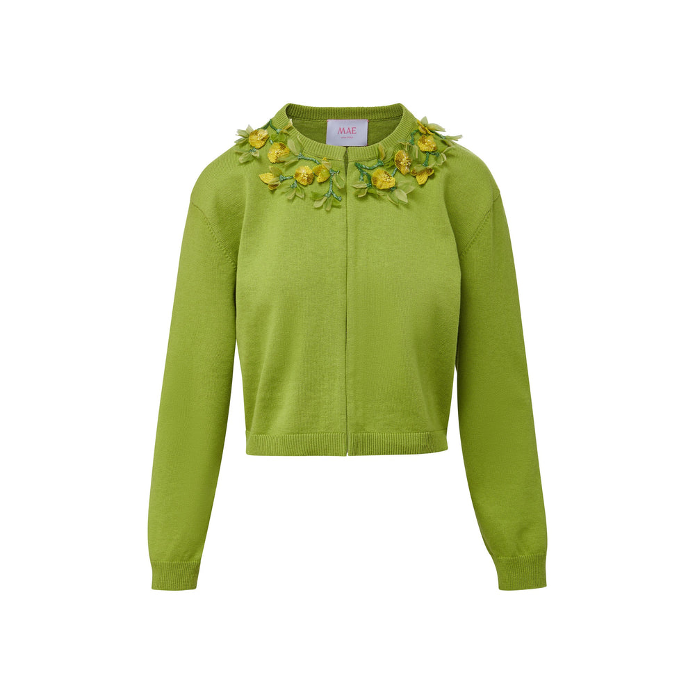 Front view of Bailey Knit Jacket With Jardin Embellishment showcasing 3D floral collar on white background