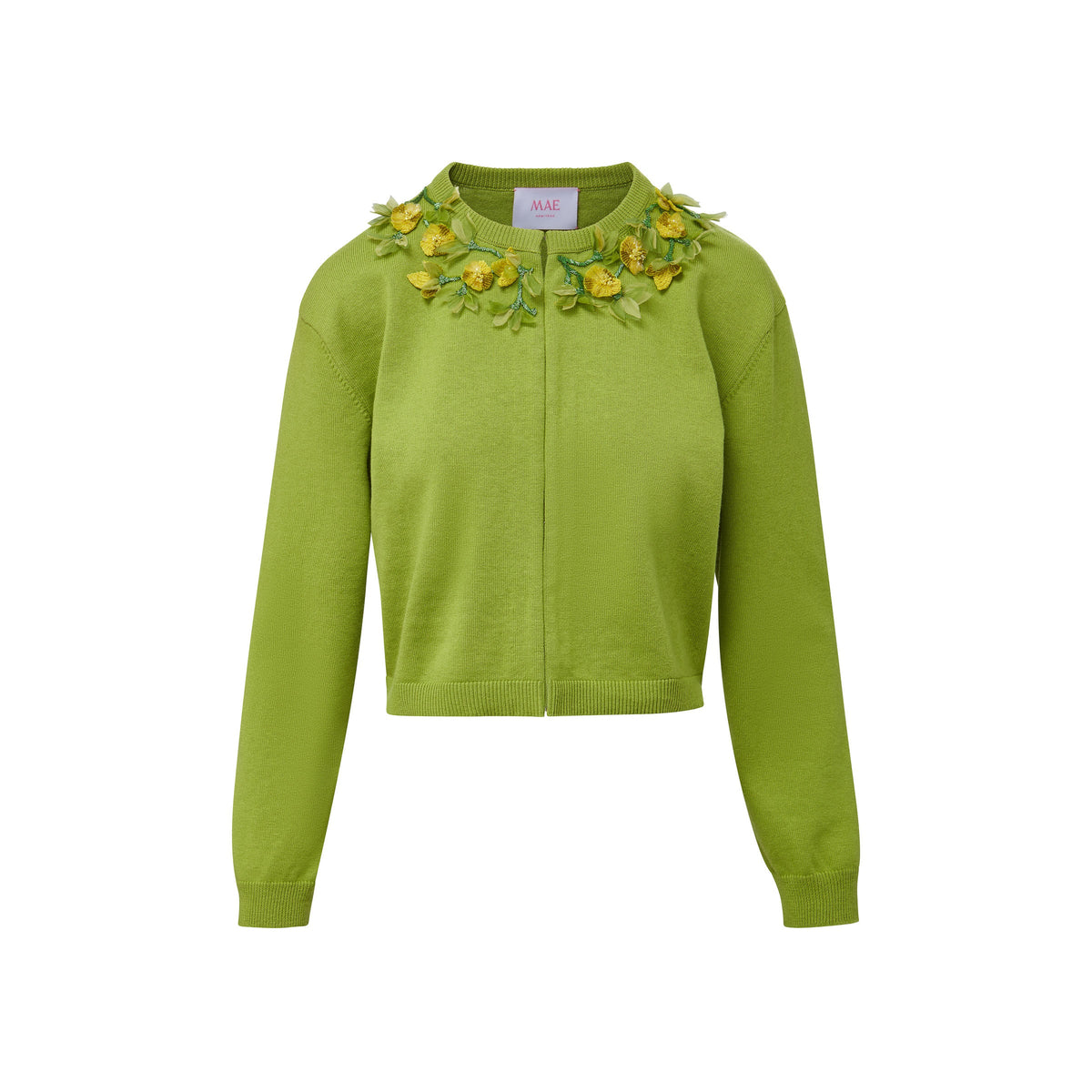 Front view of Bailey Knit Jacket With Jardin Embellishment showcasing 3D floral collar on white background
