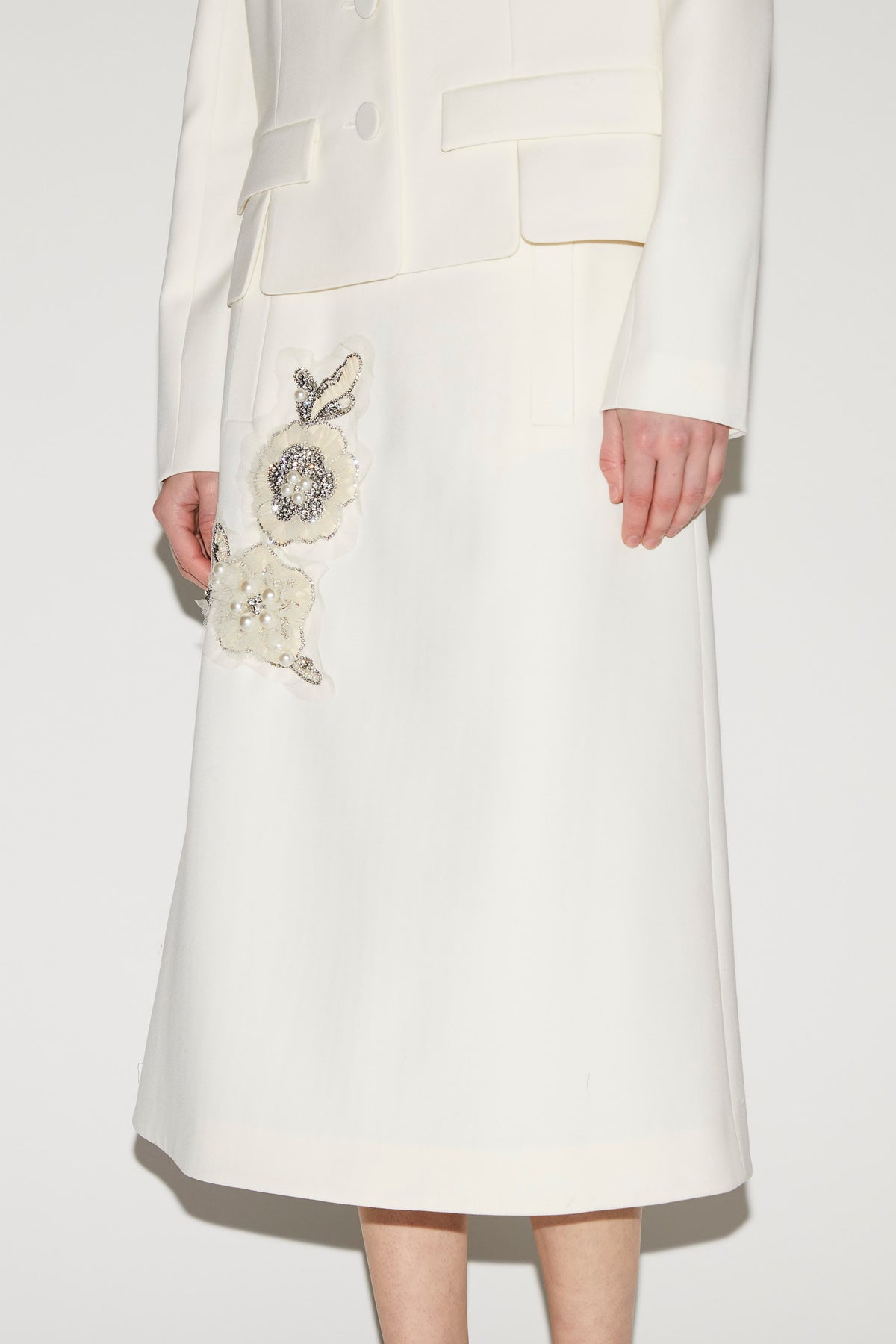 Evelina Skirt Ivory Embroidered Wool Tailoring