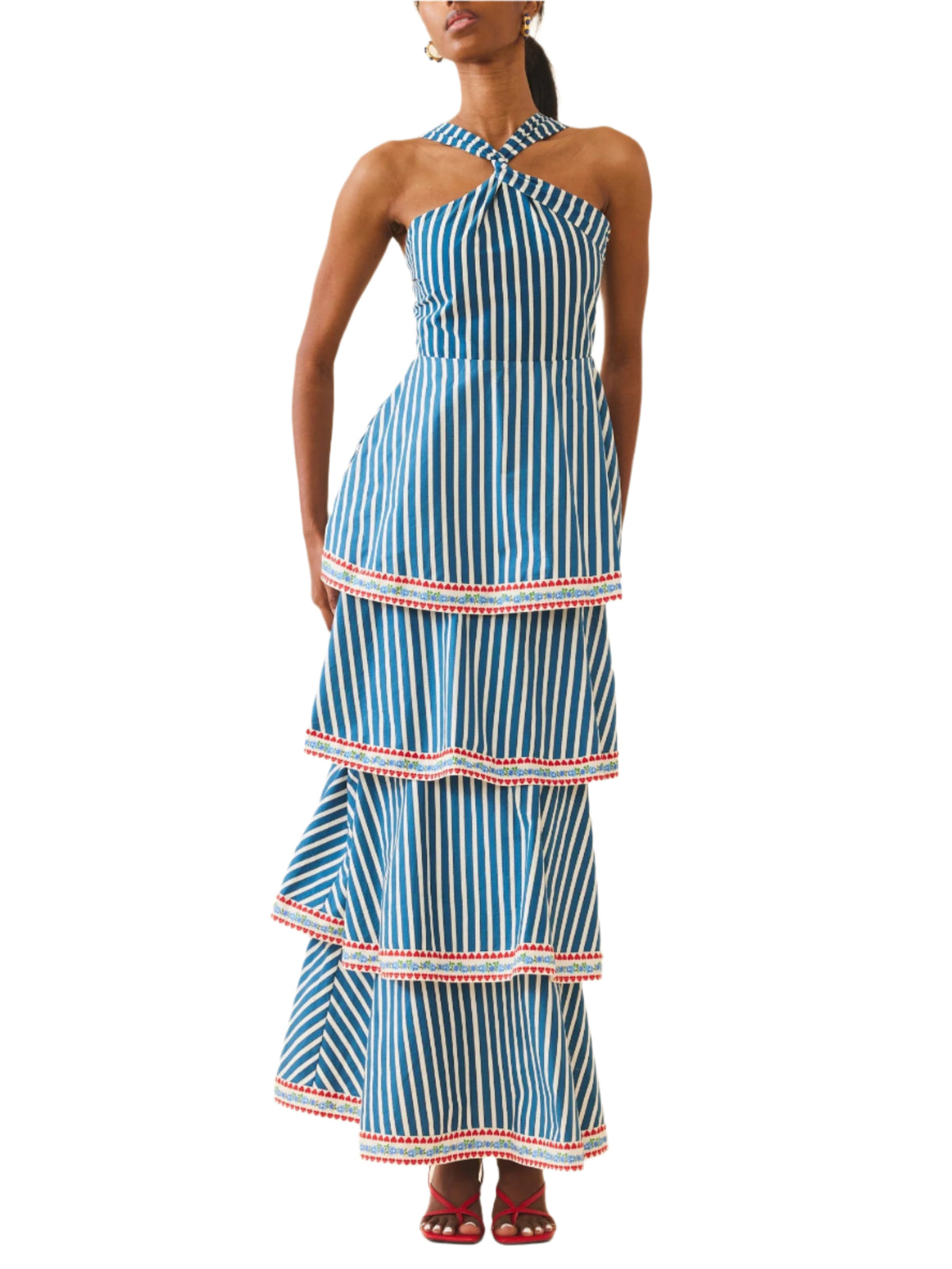 Front view of Emma Dress in Navy Stripe showcasing halter neckline, tiered skirt, and red hem details on white background
