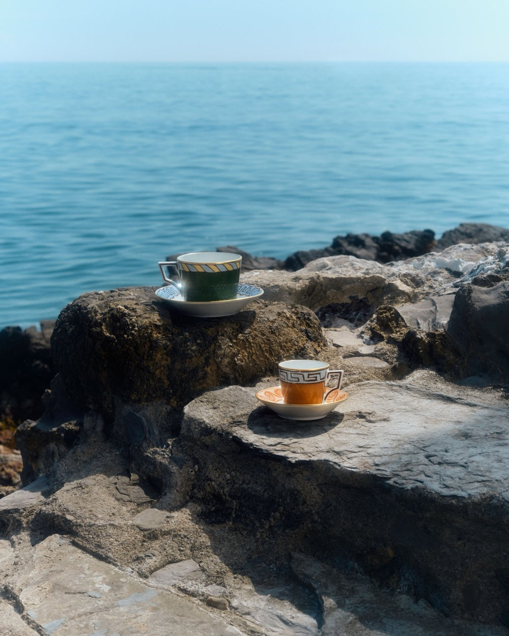 Ill Viaggio Di Nettuno Luna Coffee Cup with Saucer in Brown & Light Blue, Set of 2