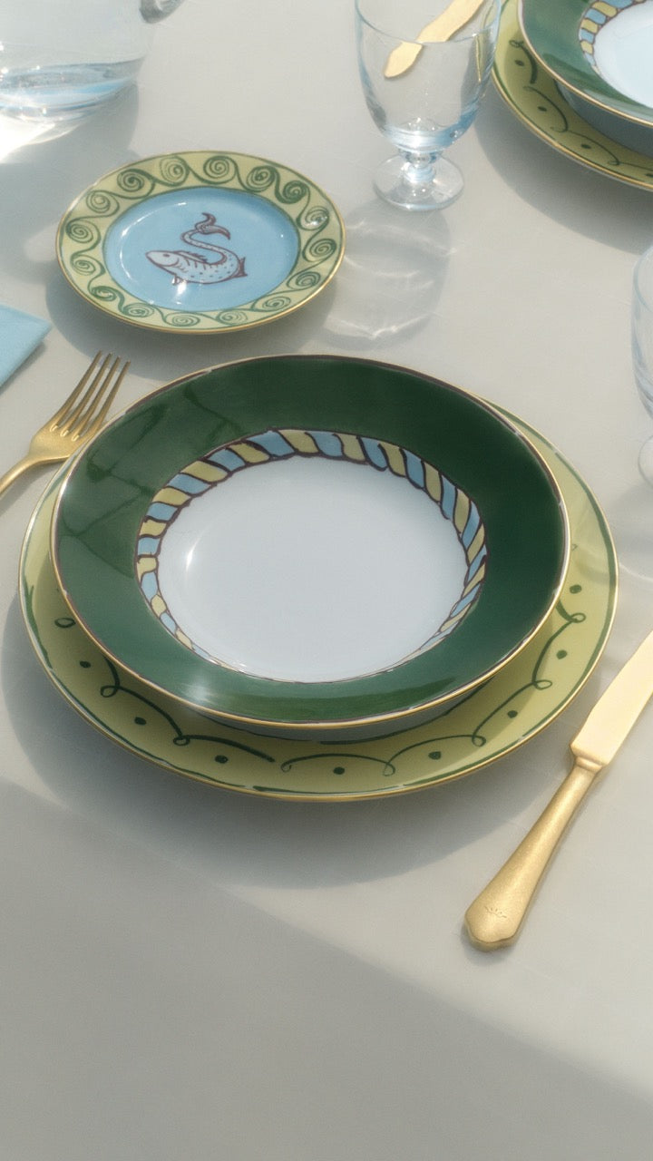 Ill Viaggio Di Nettuno Soup Plate in Green & Yellow