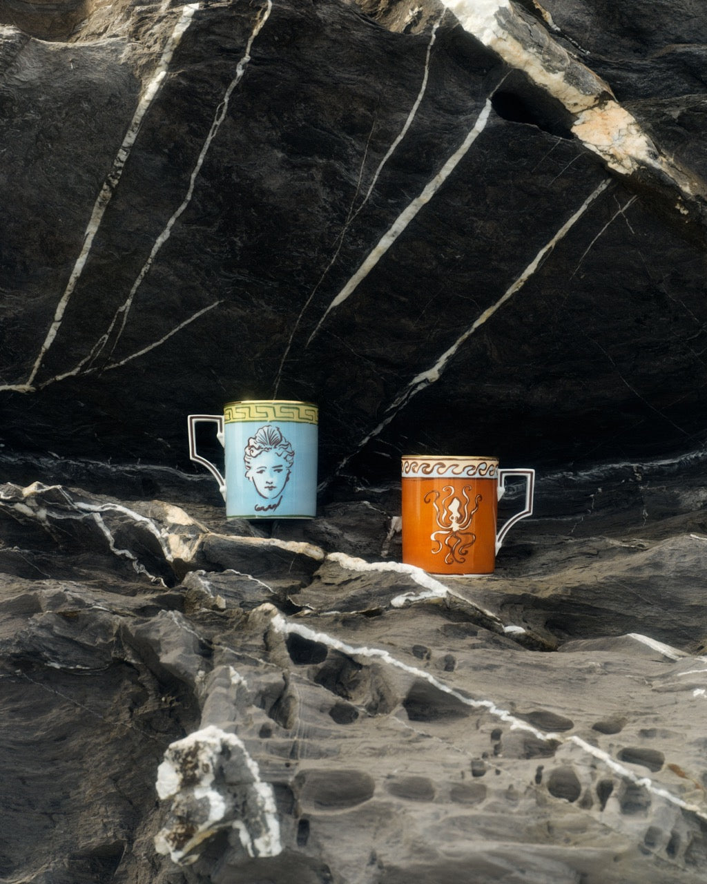 Ill Viaggio Di Nettuno Luna Coffee Cup with Saucer in Brown & Light Blue, Set of 2