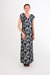 Meredith Gown in Ivory and Navy Floral Silhouette Jacquard