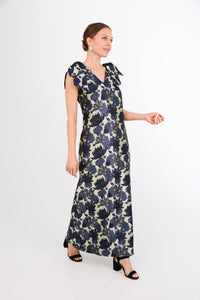 Meredith Gown in Ivory and Navy Floral Silhouette Jacquard