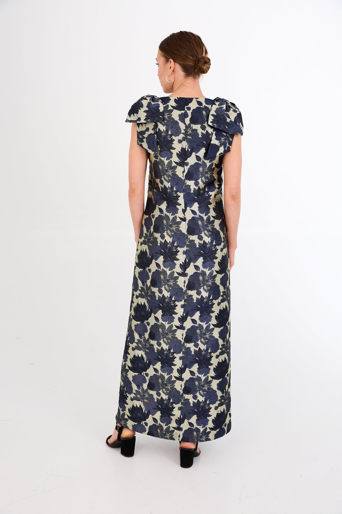 Meredith Gown in Ivory and Navy Floral Silhouette Jacquard
