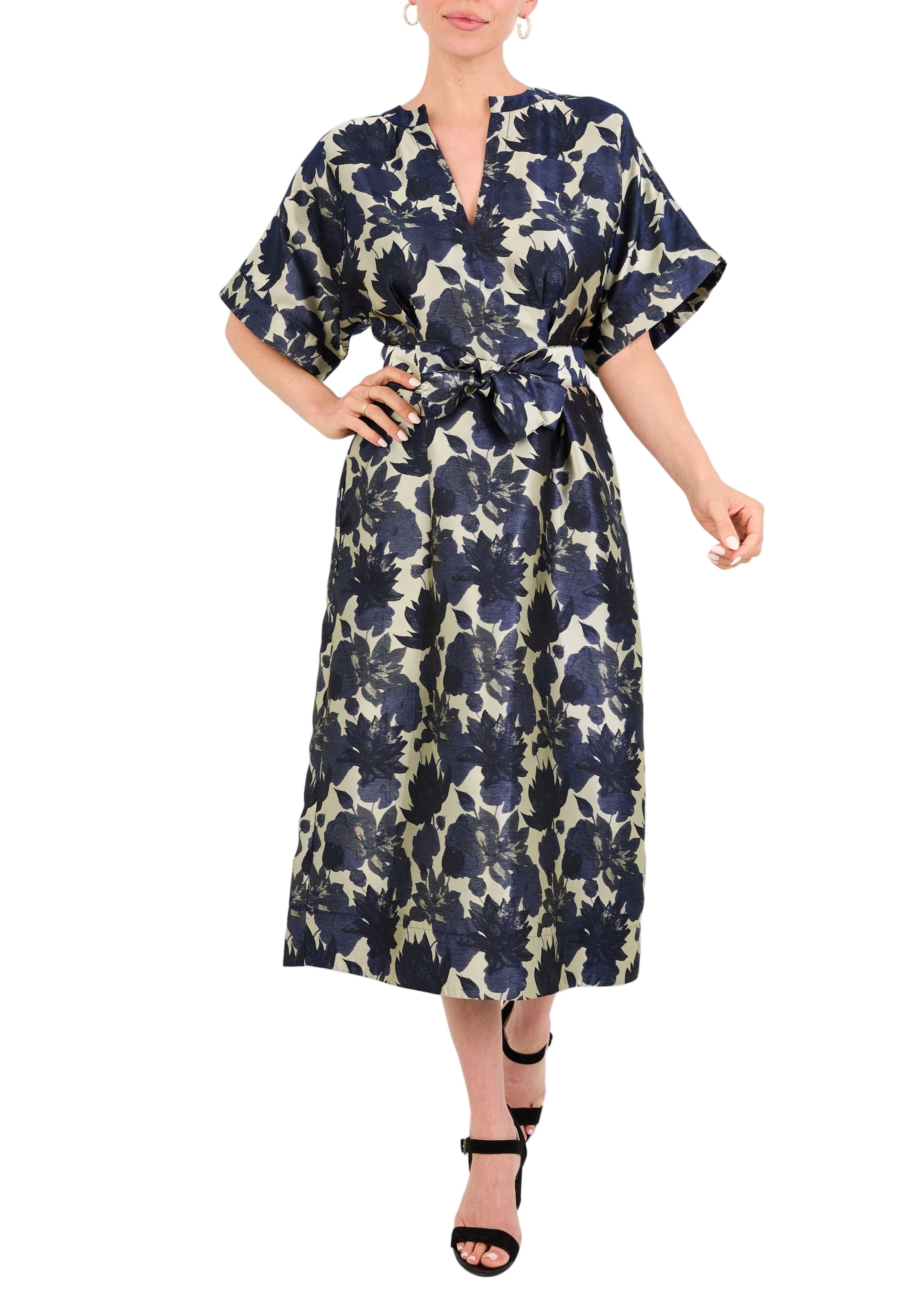 Evelyn Dress in Ivory and Navy Floral Silhouette Jacquard