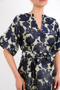 Evelyn Dress in Ivory and Navy Floral Silhouette Jacquard