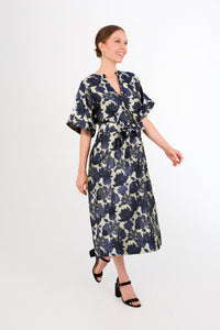Evelyn Dress in Ivory and Navy Floral Silhouette Jacquard