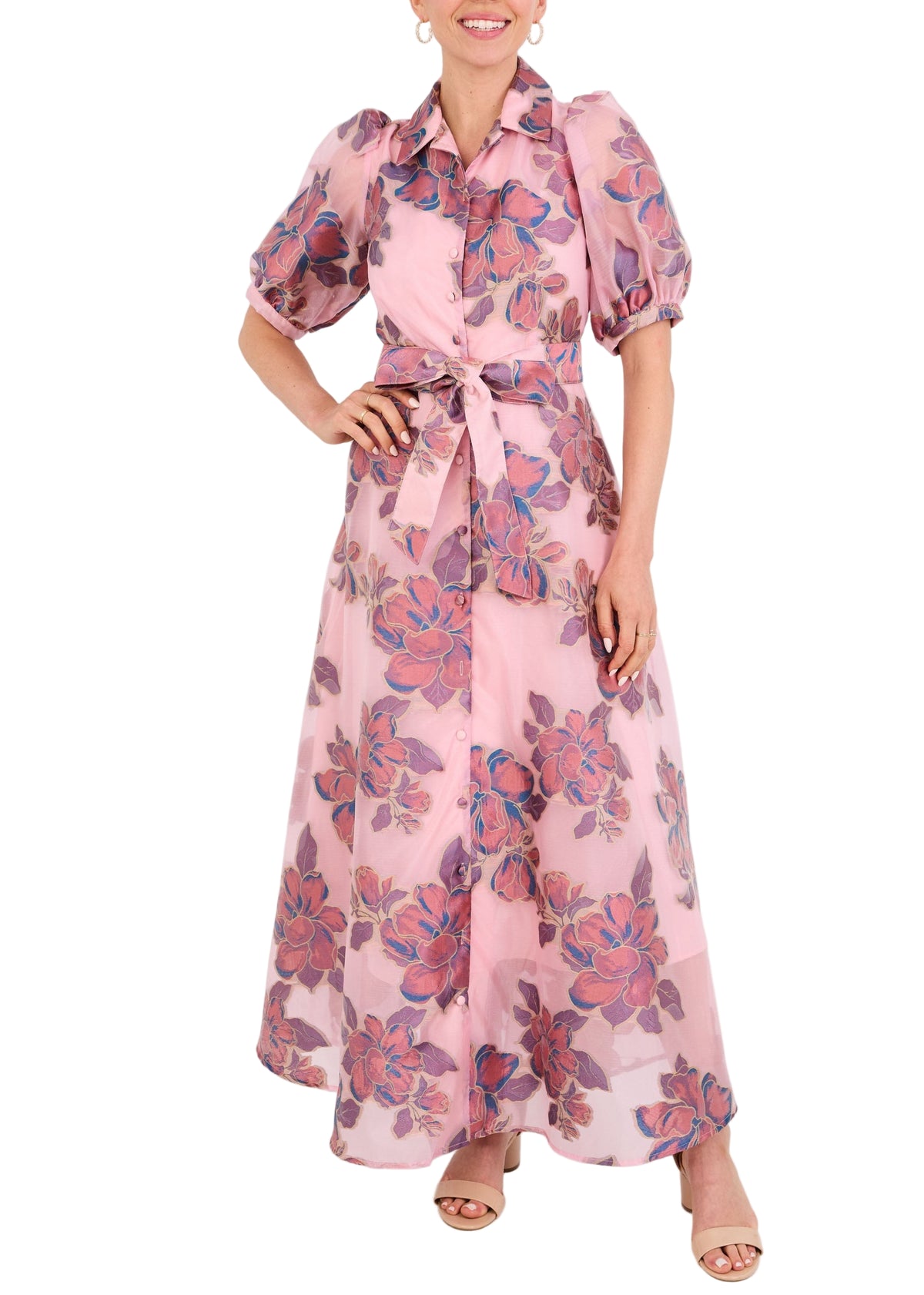 Front view of Charlotte Gown in Pink Peony Organza showcasing collared neckline and tie belt on white background