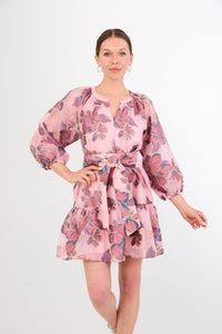 Elise Mini Dress in Pink Peony Organza