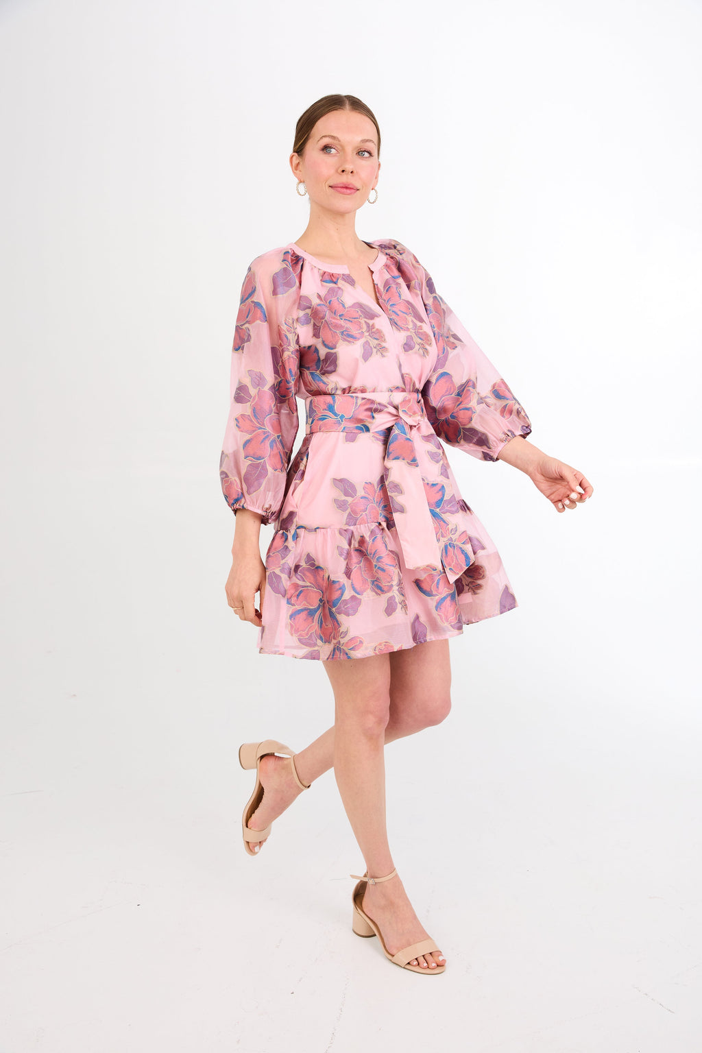 Elise Mini Dress in Pink Peony Organza