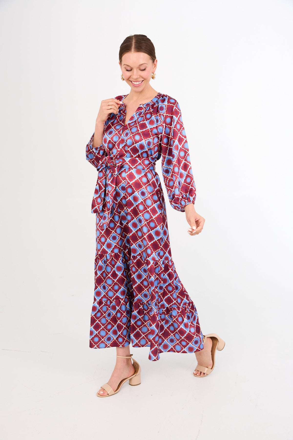 Elise Dress in Burgundy Sunburst Satin