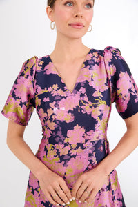 Arden Gown in Navy Abstract Brocade
