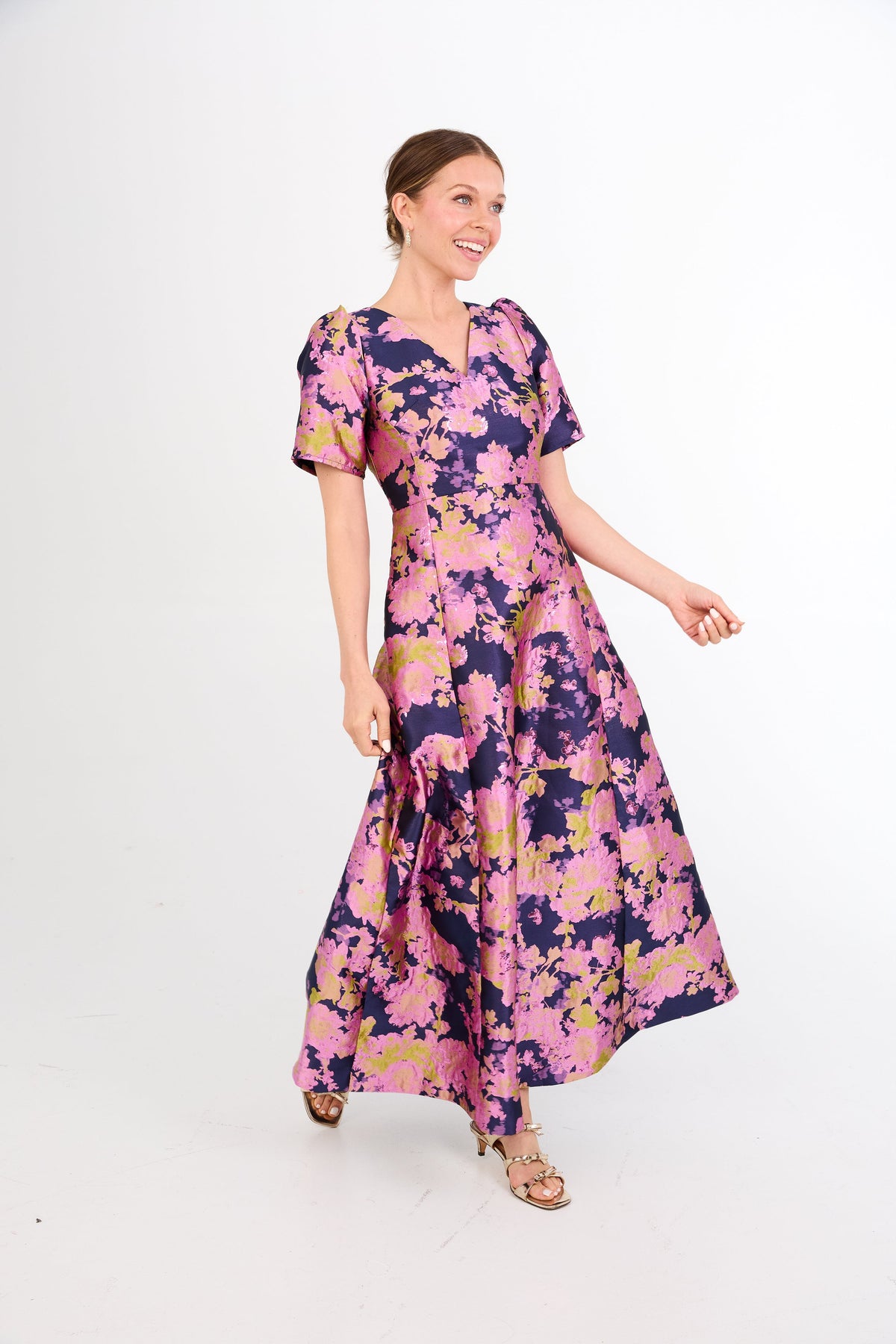 Arden Gown in Navy Abstract Brocade
