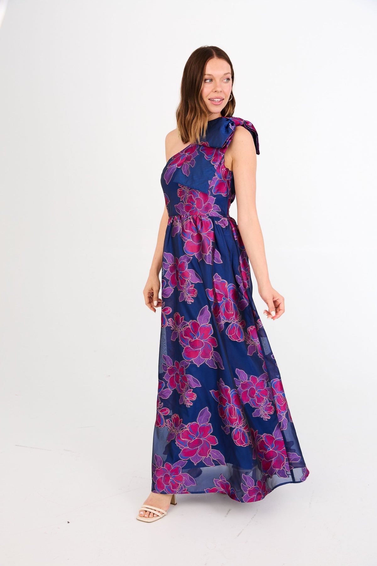 Caroline Gown in Fuchsia Navy Peony Organza