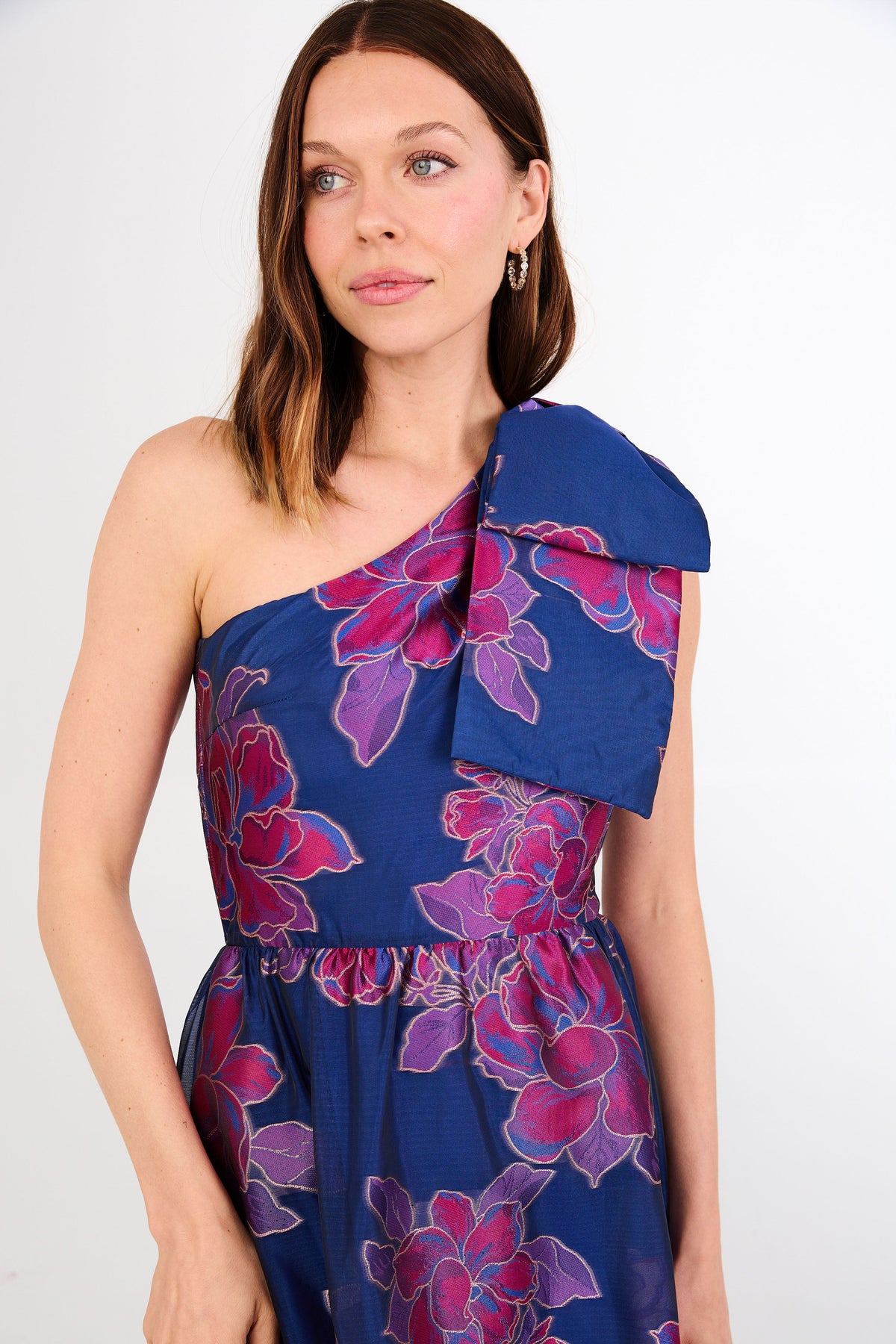 Caroline Gown in Fuchsia Navy Peony Organza