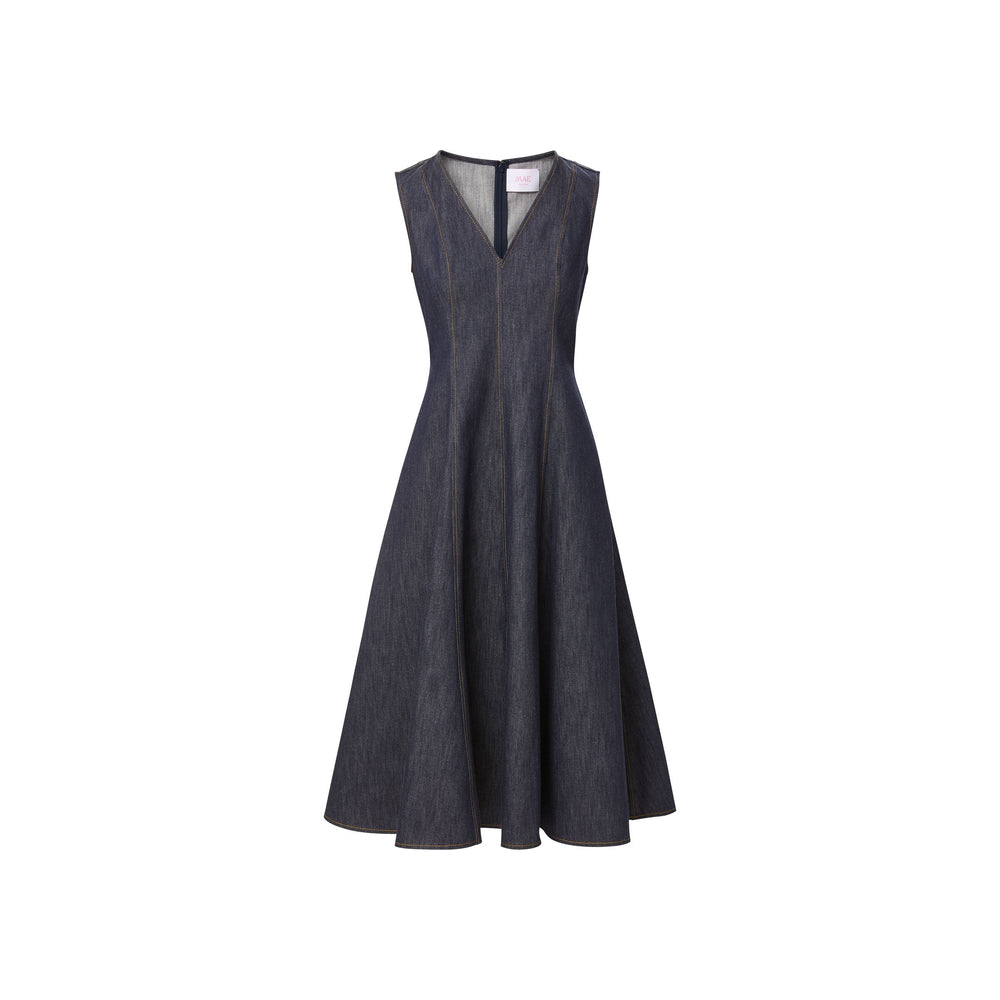 Front view of Melissa dress in stretch denim showcasing fitted V-neck bodice and flared midi skirt on white background