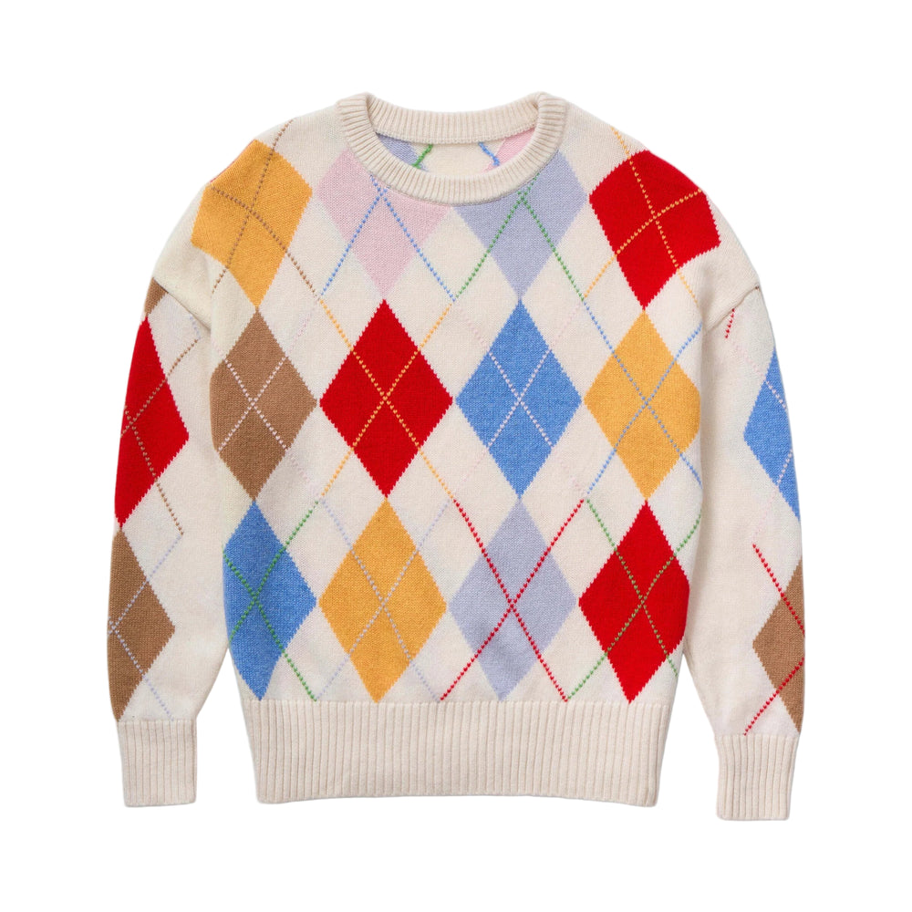 Flat lay of The Scottish Sweater showing multicolor argyle diamond pattern, cream crewneck and ribbed hem on white background