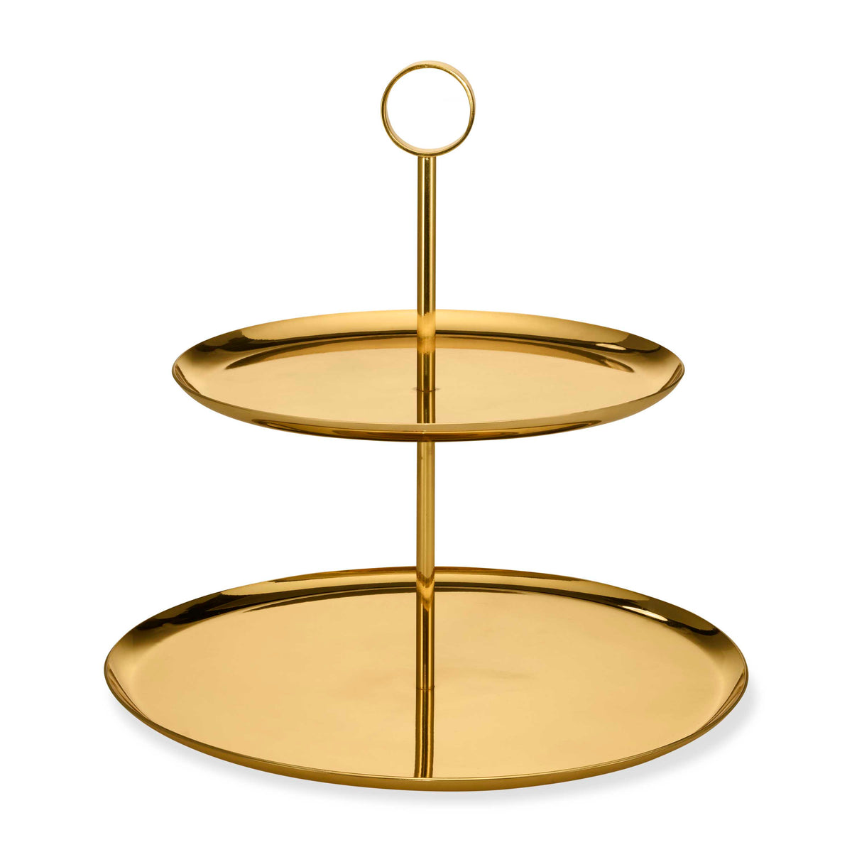 Front view of Sintra 2-Tier Stand showcasing two brass tiers, ring handle, and high-polish brass finish on white background