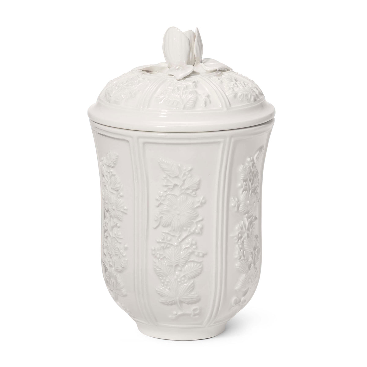 Front view of the Josepha Large Canister showcasing its white relief floral pattern and rose lid with a white background