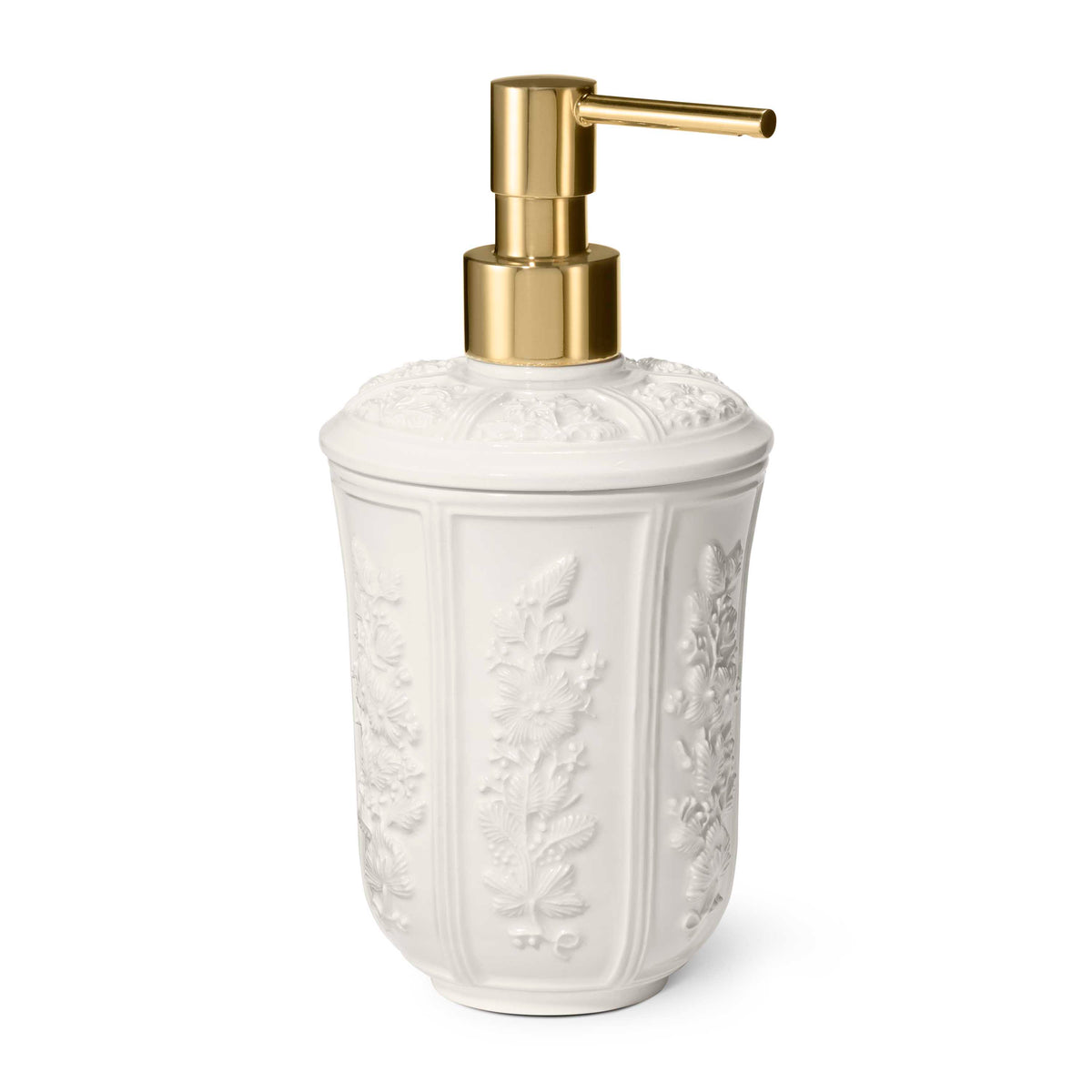 Front view of Josepha Gold Pump Dispenser showcasing white ceramic relief floral pattern and gold pump against a white background