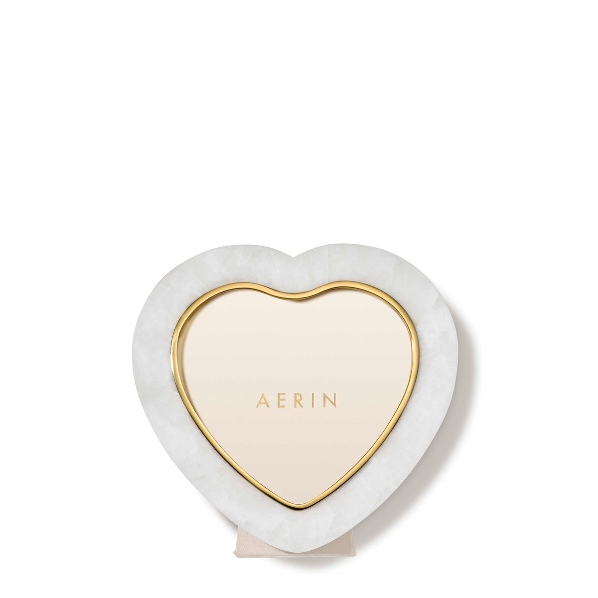 Front view of Cassiel Mosaic Heart Frame in White Quartz showcasing brass edging and mosaic stone texture on a white background