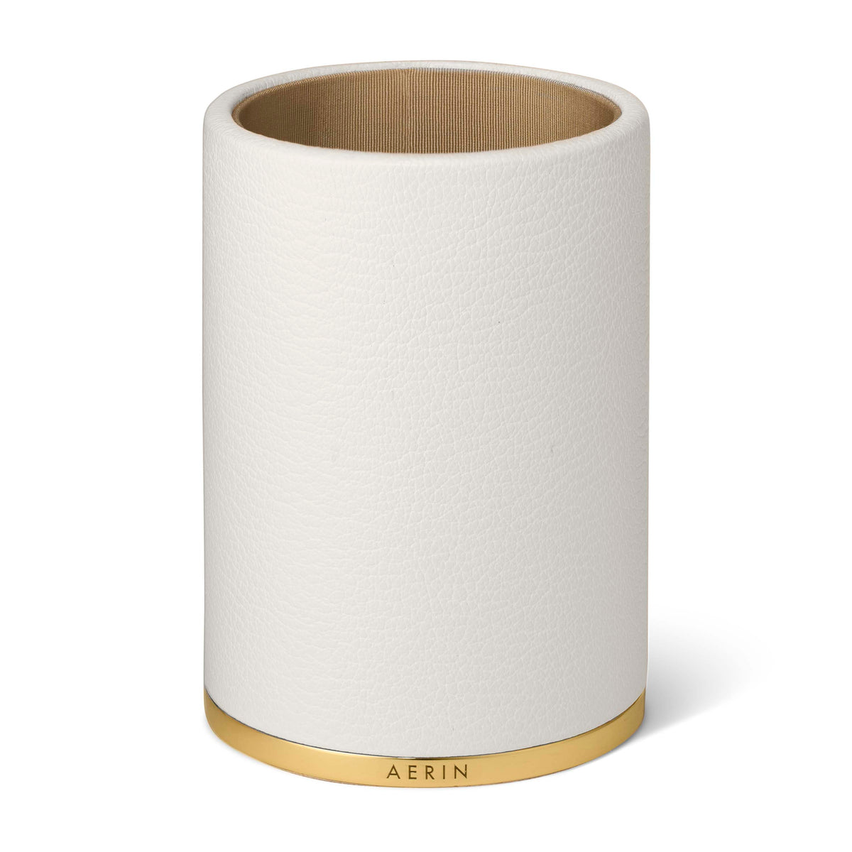 Front view of Piero Leather Pencil Cup showcasing white Italian grained leather, brass base, and lined interior on a white background